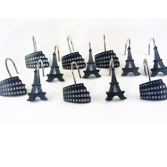 Paris Eiffel Tower Shower Curtain Hooks Silver Black Gray Set of 12 - Picture 1 of 12
